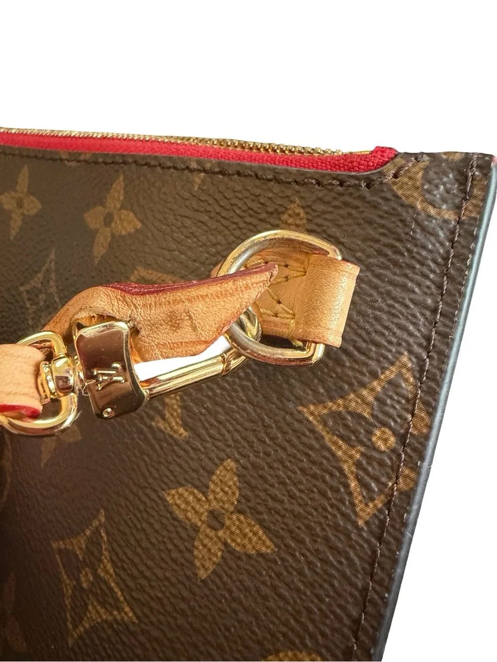 Authentic Louis Vuitton Neverfull Pouchett Monogram Canvas Wristlet Red Trim